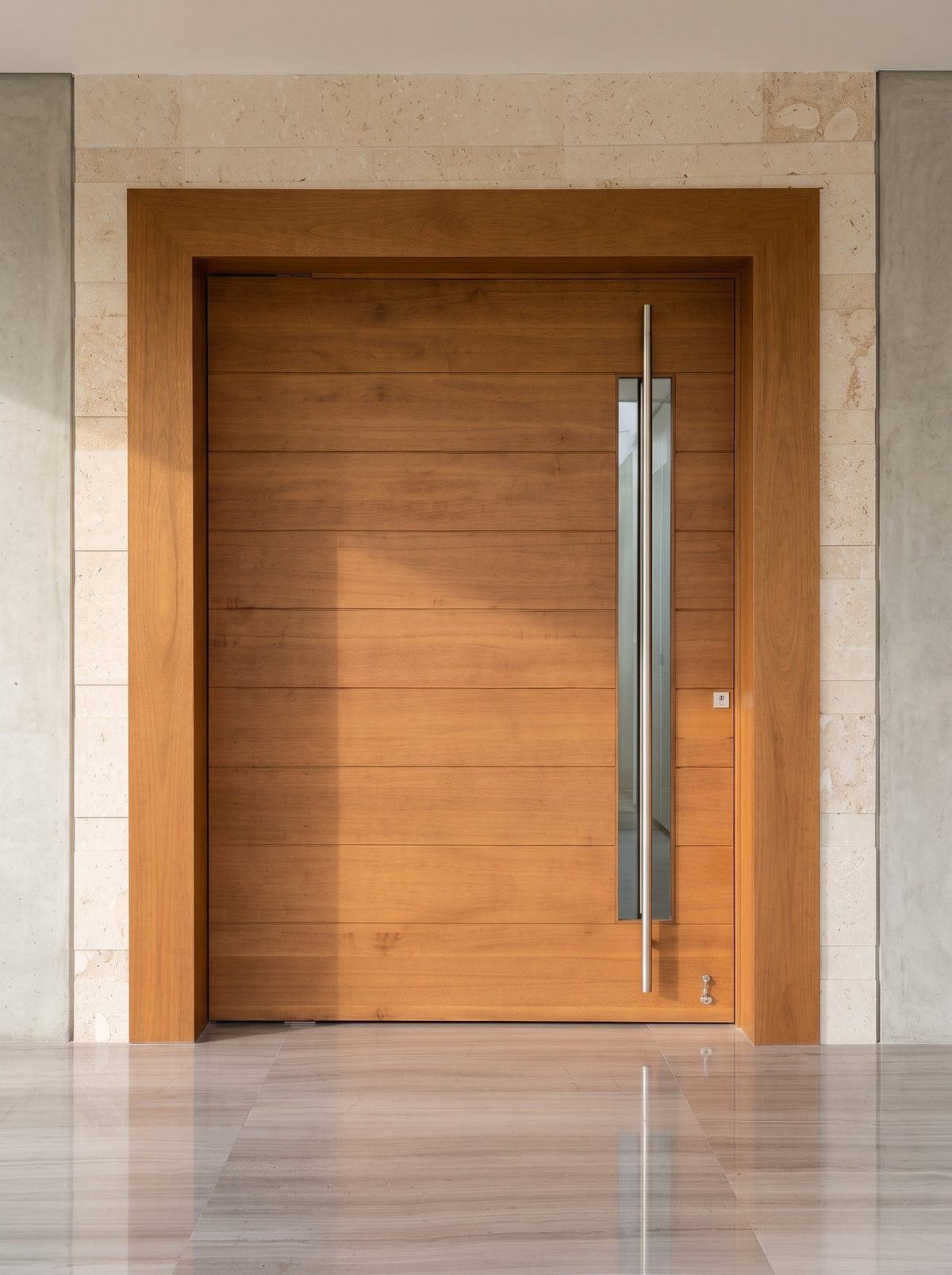 Puerta principal pivote de madera instalada por PIMARETA